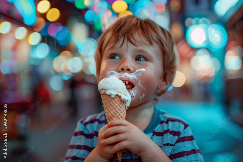 Innocent young girl radiates warmth while outdoors bright sunshine. Kid enjoys the creamy goodness of ice cream. Innocence of childhood and nature's simple joys. Innocent young girl radiates warmth while outdoors bright sunshine. Kid enjoys the creamy goodness of ice cream. Innocence of childhood and nature's simple joys.