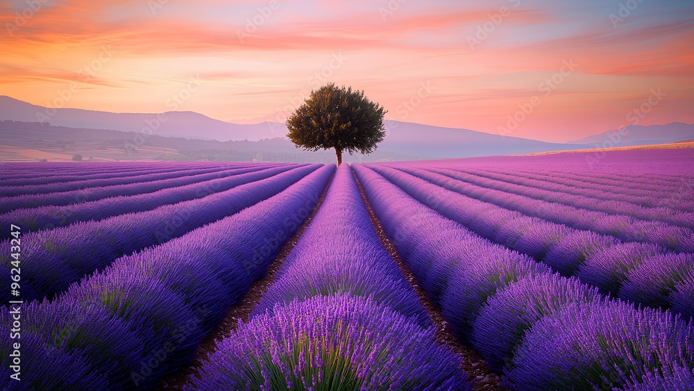 Obraz premium Enchanting Lavender Fields at Sunset: A Tranquil Escape into Nature's Beauty
