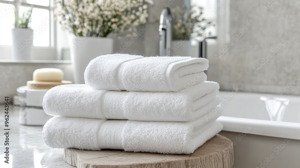 White Towels Folded on a Wooden Stand in a Bathroom White Towels Folded on a Wooden Stand in a Bathroom