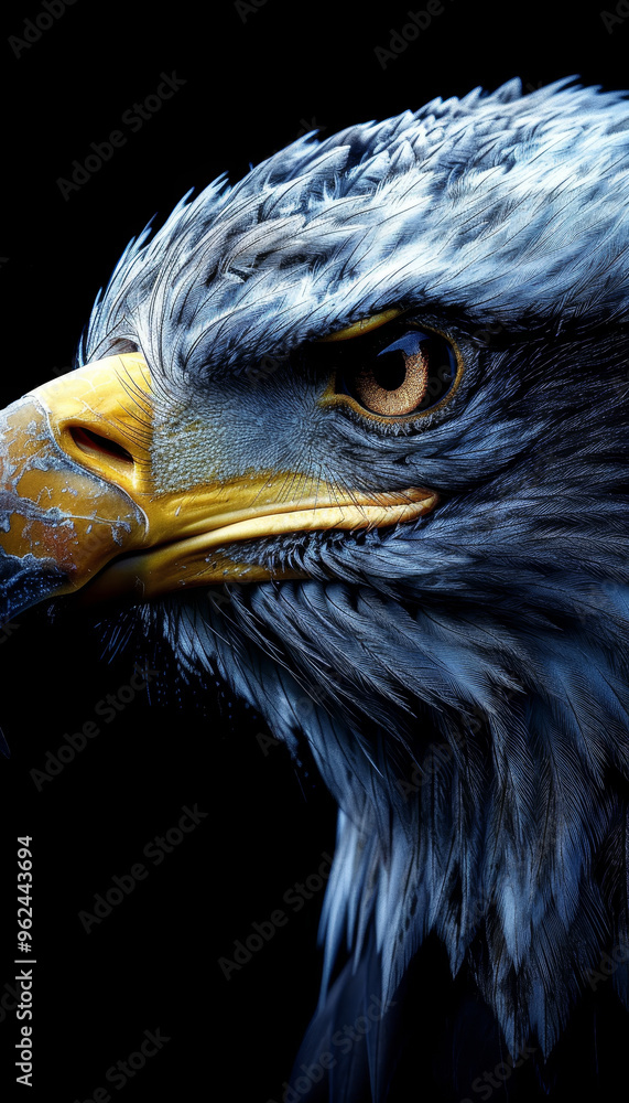 Fototapeta premium An eagle stares intensely at the viewer, highlighting its sharp beak and striking feathers. The dark background enhances its powerful presence and intricate details of its plumage.