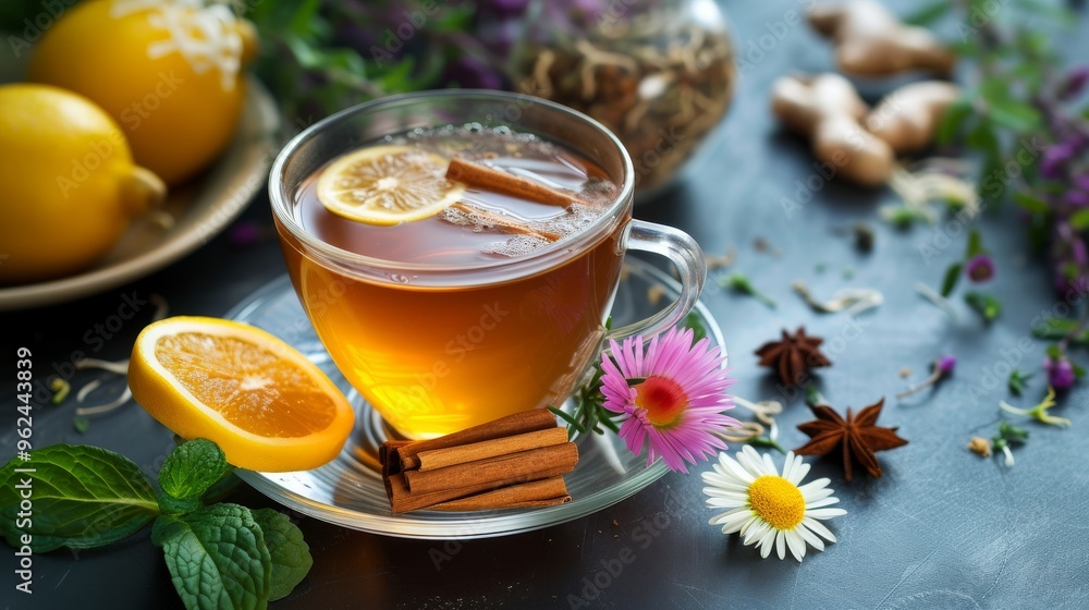 A warm cup of herbal tea garnished with lemon slices, cinnamon, and fresh herbs is surrounded by spices on a dark background. This inviting image evokes a cozy, natural atmosphere, ideal for themes A warm cup of herbal tea garnished with lemon slices, cinnamon, and fresh herbs is surrounded by spices on a dark background. This inviting image evokes a cozy, natural atmosphere, ideal for themes