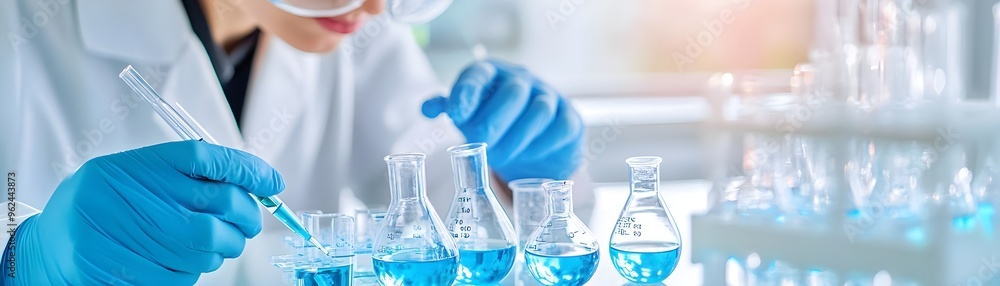 Scientist Working in Lab with Blue Chemicals Scientist Working in Lab with Blue Chemicals