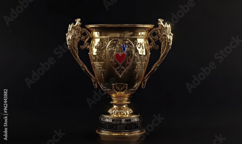 Golden Trophy with Heart Design on Black Background photo