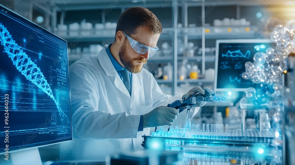 Scientist Working in Lab with DNA and Test Tubes Scientist Working in Lab with DNA and Test Tubes