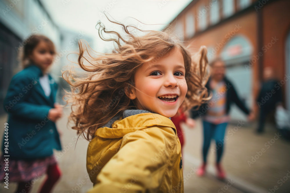 Kids smiling, having fun, celebrating Children's Day with vitality. Child girl running with smile Kids smiling, having fun, celebrating Children's Day with vitality. Child girl running with smile