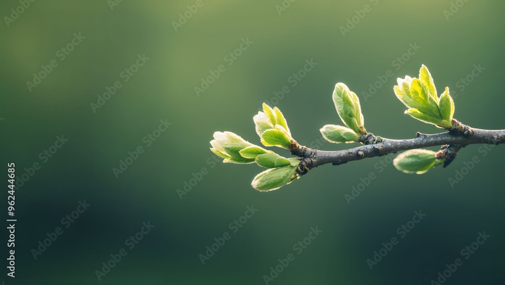 Lush Emergence: A Gentle Embrace of Spring Revealing Nature's Delicate Green Leaves as They Thrive on a Branch Against a Whispering Green Background of Serenity Lush Emergence: A Gentle Embrace of Spring Revealing Nature's Delicate Green Leaves as They Thrive on a Branch Against a Whispering Green Background of Serenity