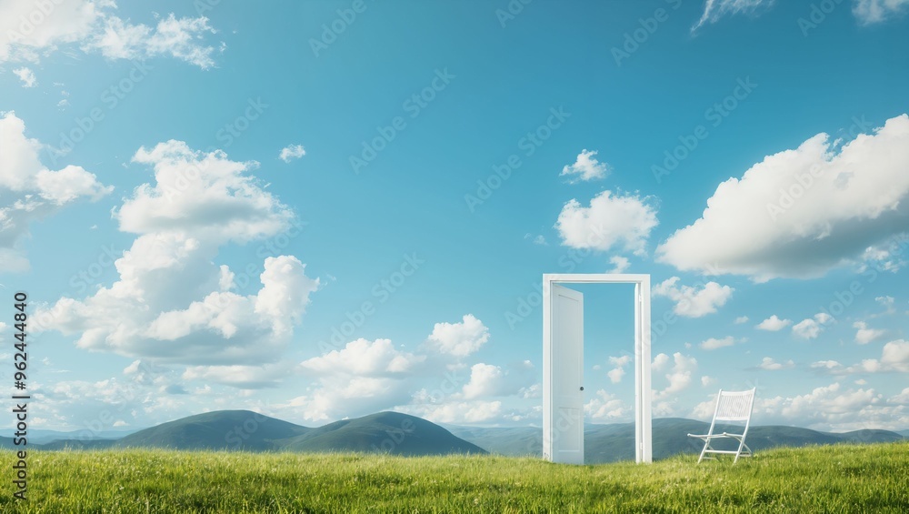 A Breathtaking Scene with a Door Leading to Infinite Possibilities Surrounded by Lush Green Hills and a Sky Filled with Fluffy White Clouds, Inviting Reflection and Imagination. A Breathtaking Scene with a Door Leading to Infinite Possibilities Surrounded by Lush Green Hills and a Sky Filled with Fluffy White Clouds, Inviting Reflection and Imagination.