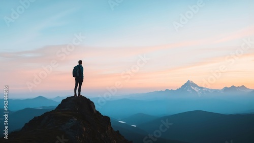 A solitary hiker stands on a rocky outcrop, gazing at majestic mountains bathed in soft hues of twilight, encapsulating the beauty and tranquility of nature's embrace.