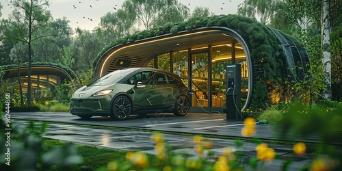 Electric car charging at a modern, eco-friendly station integrated with greenery and solar panels photo