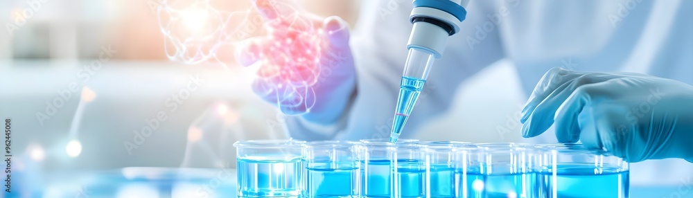 Scientist Working with Pipette and Blue Liquid in Lab Scientist Working with Pipette and Blue Liquid in Lab