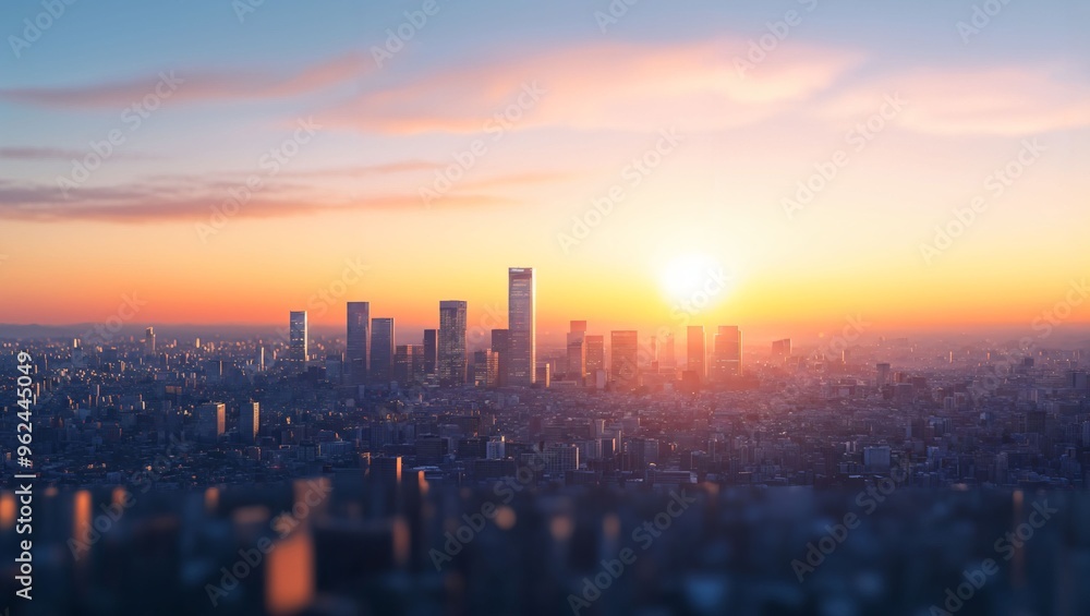 Fototapeta premium A Stunning Sunset Over a Bustling City Skyline, Illuminating Skyscrapers and Casting a Warm Glow on Urban Life, Captured in a Beautiful Mélange of Colors and Lights.