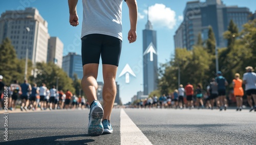 A Determined Urban Runner Gaudily Strides Forward Amidst a Vibrant Marathon, Surrounded by Fellow Athletes and an Inspiring Cityscape Under a Brilliant Blue Sky. photo