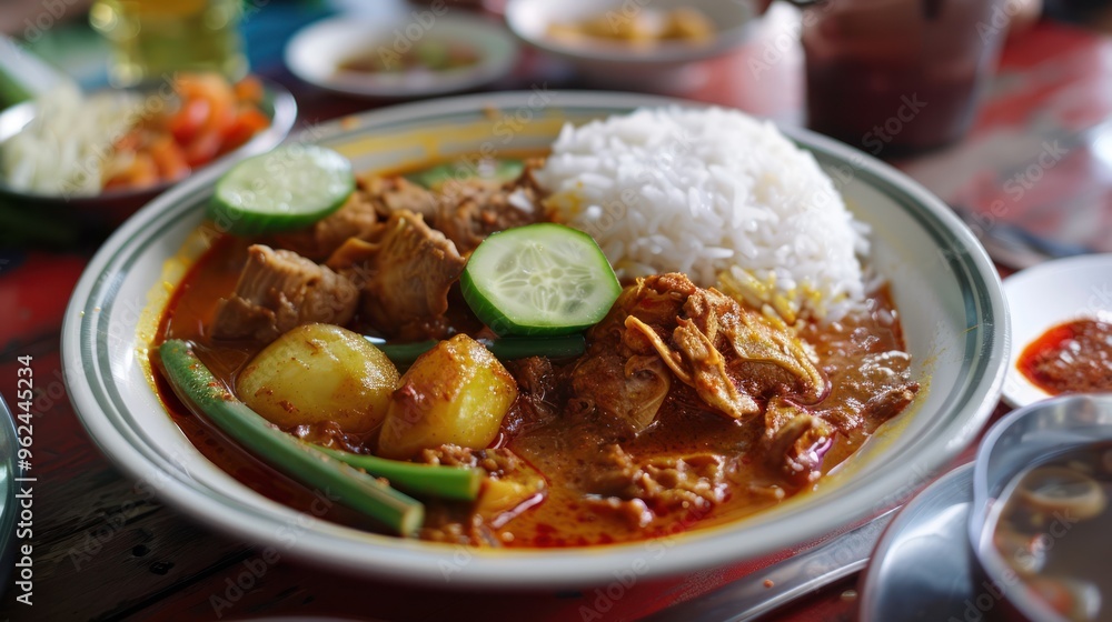 Close-Up of a Bowl of Chicken Curry with Rice and Cucumber Close-Up of a Bowl of Chicken Curry with Rice and Cucumber