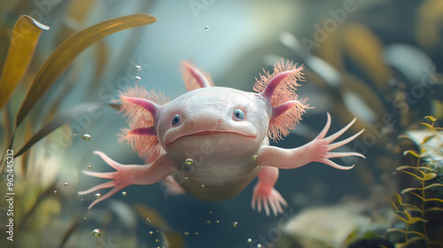 Axolotl in its Underwater Habitat: A close-up of an axolotl, a fascinating amphibian with its unique features, swimming gracefully amidst underwater plants, showcasing its delicate, almost ethereal be