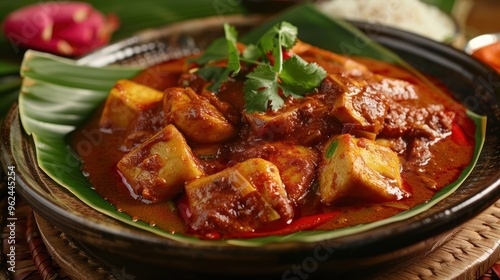 Spicy Tofu Curry Served on a Banana Leaf with Cilantro Garnish