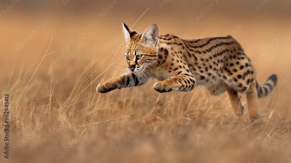 Serval in Motion: Golden Chase - A sleek serval gracefully bounds through tall, sun-kissed grasses, its focused gaze hinting at the thrill of the hunt. Serval in Motion: Golden Chase - A sleek serval gracefully bounds through tall, sun-kissed grasses, its focused gaze hinting at the thrill of the hunt.