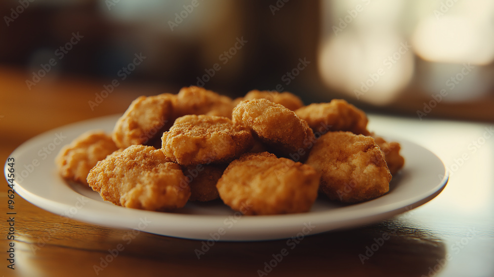 A plate of fried chicken nuggets sits on a table. The nuggets are piled high and covered in a light brown coating. A small bowl of ketchup is placed next to the plate A plate of fried chicken nuggets sits on a table. The nuggets are piled high and covered in a light brown coating. A small bowl of ketchup is placed next to the plate