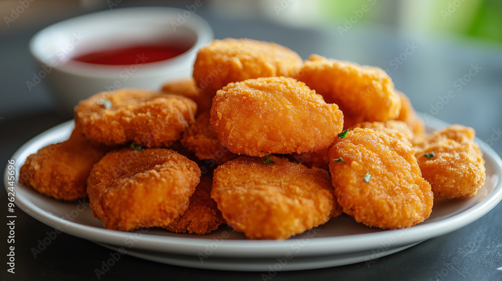 A plate of fried chicken nuggets sits on a table. The nuggets are piled high and covered in a light brown coating. A small bowl of ketchup is placed next to the plate A plate of fried chicken nuggets sits on a table. The nuggets are piled high and covered in a light brown coating. A small bowl of ketchup is placed next to the plate
