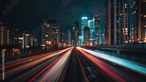 Wallpaper Mural A vibrant cityscape at night, showcasing light trails of moving vehicles against a backdrop of skyscrapers. Torontodigital.ca