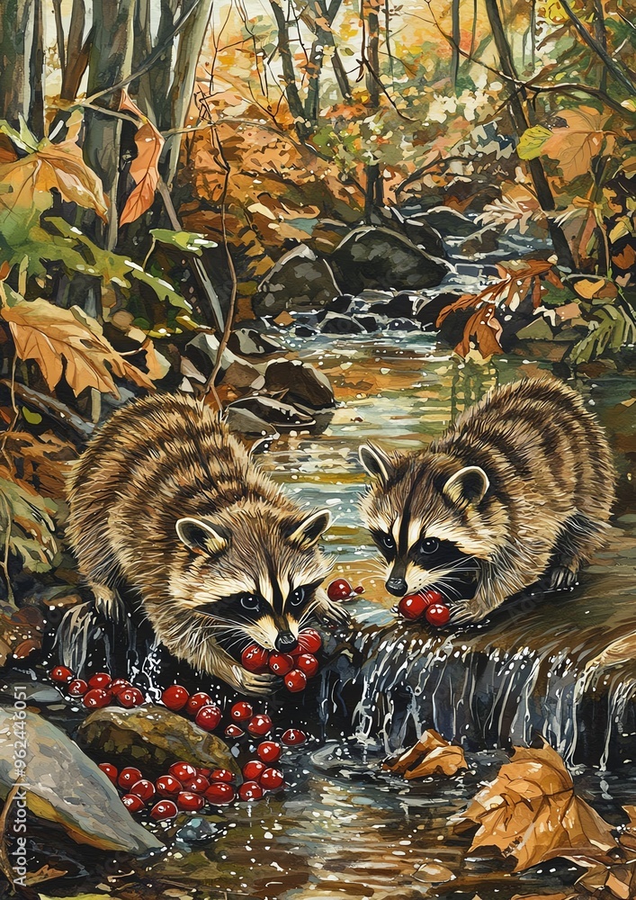 Two raccoons enjoying a snack of red berries by a stream in the autumn woods. Two raccoons enjoying a snack of red berries by a stream in the autumn woods.