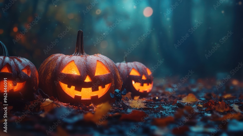 Glowing Jack-o'-Lanterns in a Mystical Forest Setting