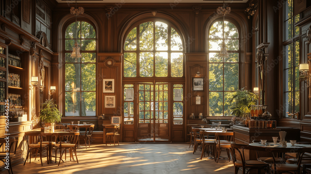 Fototapeta premium Sunlit Grandeur: A vintage coffee shop bathes in the warm glow of sunlight streaming through arched windows, illuminating the intricate woodwork and inviting atmosphere.