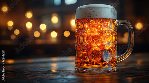 Golden Hour Brew: A frosty mug of craft beer glows on a rustic bar, its amber depths reflecting the warm bokeh of twinkling lights.  photo