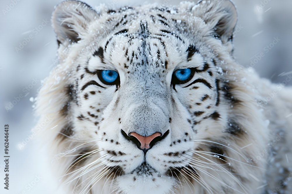 Obraz premium Close-up of a white tiger's face with blue eyes in the snow.