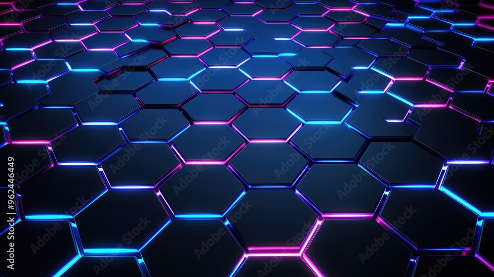 Abstract Blue and Pink Neon Glowing Hexagonal Pattern