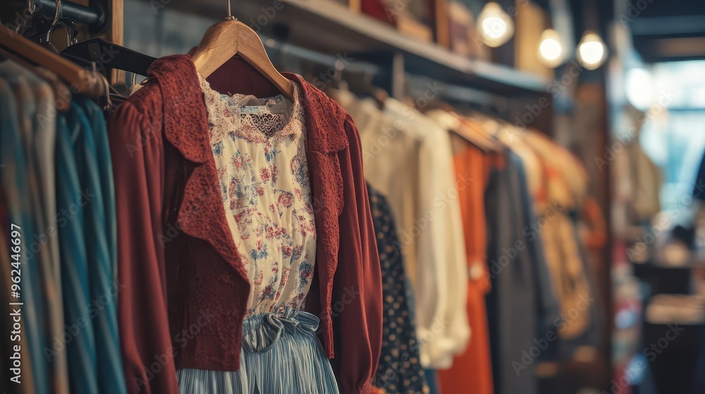 Obraz premium Collection of vintage ethical fashion items displayed in a boutique, with a focus on sustainable and timeless designs