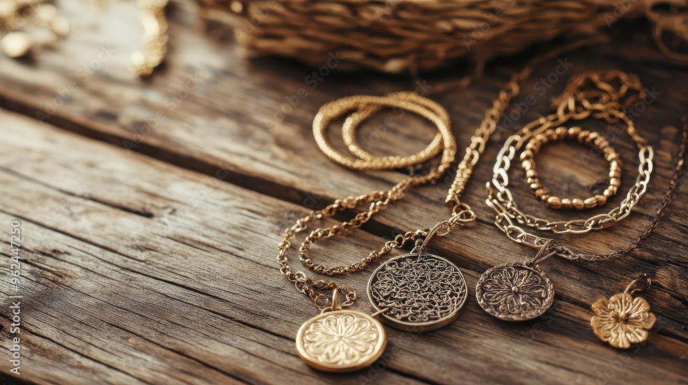 Handcrafted jewelry made from recycled metals, placed on a rustic wooden table, highlighting ethical fashion accessories Handcrafted jewelry made from recycled metals, placed on a rustic wooden table, highlighting ethical fashion accessories