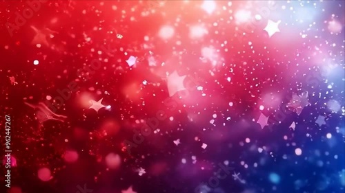 A celebratory explosion of red white and blue, sparkling stars on a bokeh background