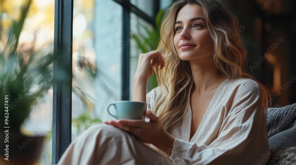 Morning coffee scene with a model in ethical loungewear, highlighting a relaxed and sustainable lifestyle Morning coffee scene with a model in ethical loungewear, highlighting a relaxed and sustainable lifestyle
