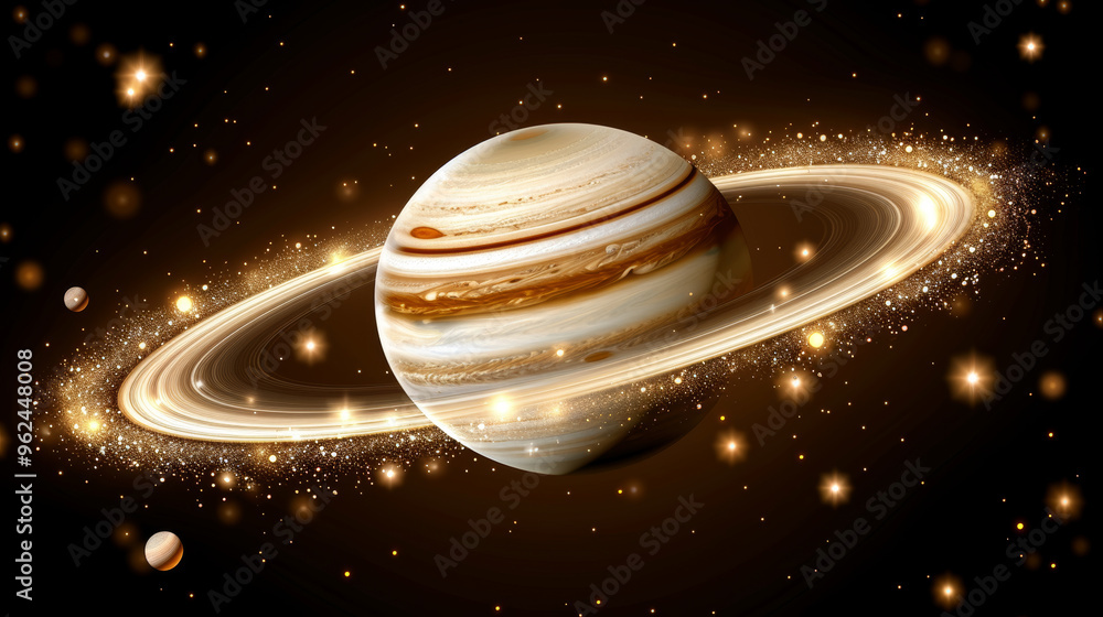Naklejka premium A vibrant representation of Saturn with its distinct rings, illuminated against a backdrop of twinkling stars and other celestial bodies, evokes the majesty of the universe.