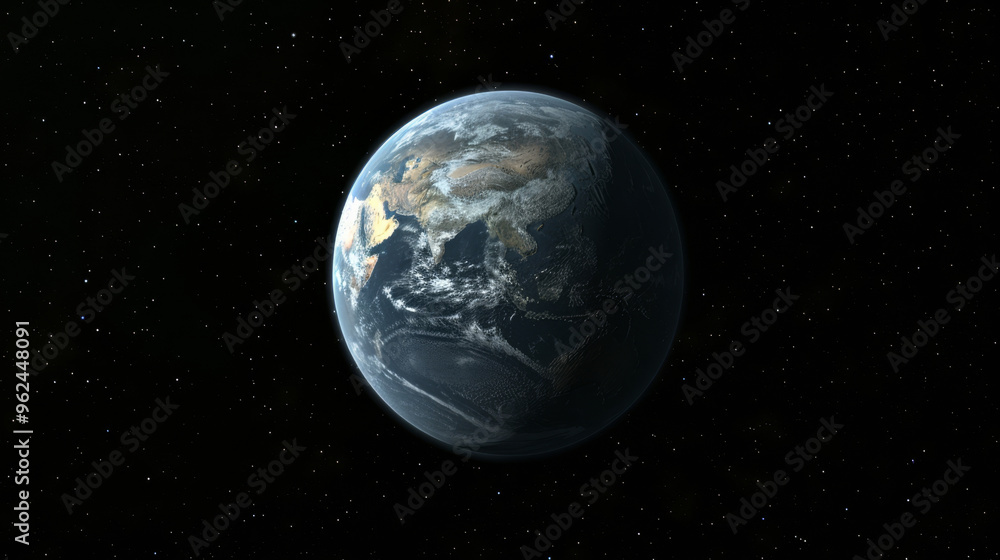 Obraz premium This captivating view captures Earth from space, displaying its continents and oceans illuminated against a backdrop of countless stars, highlighting the planet's beauty and uniqueness.