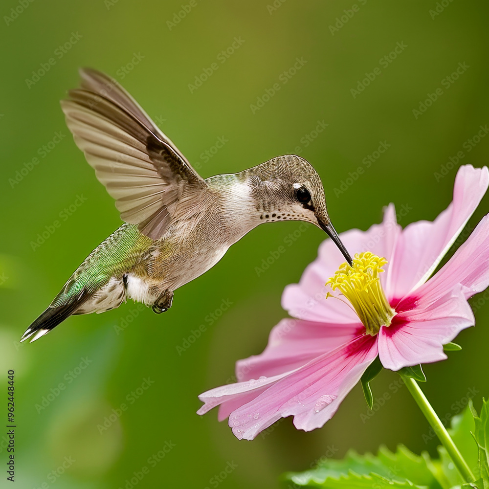 Obraz premium A delicate hummingbird hovers gracefully in front of a vibrant pink flower, sipping nectar with its slender beak in a blooming garden filled with lush greenery.