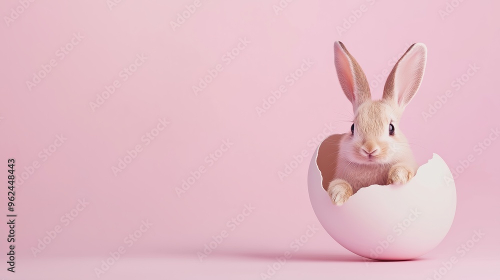 Cute Easter bunny emerging from an open white egg Cute Easter bunny emerging from an open white egg