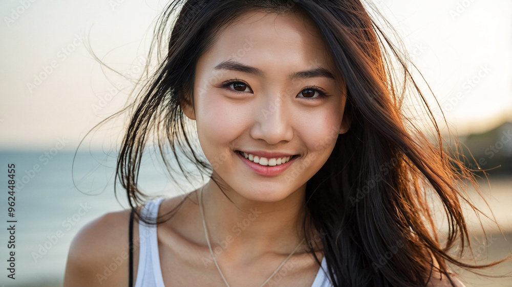 Portrait of a beautiful young Japanese woman with clean and healthy skin, smiling kindly, wearing a white tank top on a beach background Portrait of a beautiful young Japanese woman with clean and healthy skin, smiling kindly, wearing a white tank top on a beach background