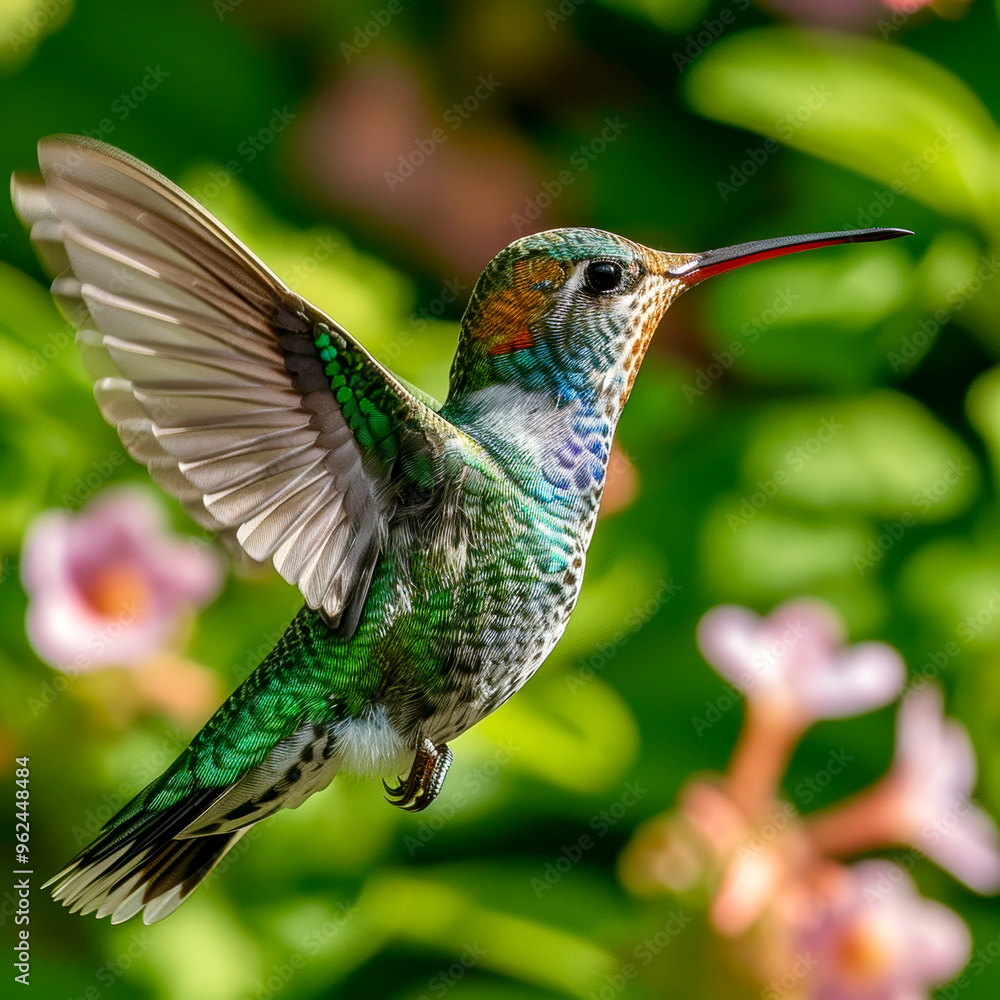 Obraz premium A vibrant hummingbird flits gracefully in mid-air, its iridescent feathers catching the sunlight. The backdrop features soft, blooming flowers in a lush garden setting.
