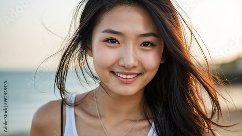 Portrait of a beautiful young Japanese woman with clean and healthy skin, smiling kindly, wearing a white tank top on a beach background