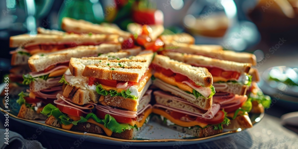 Sliced club sandwich served on a plate Sliced club sandwich served on a plate