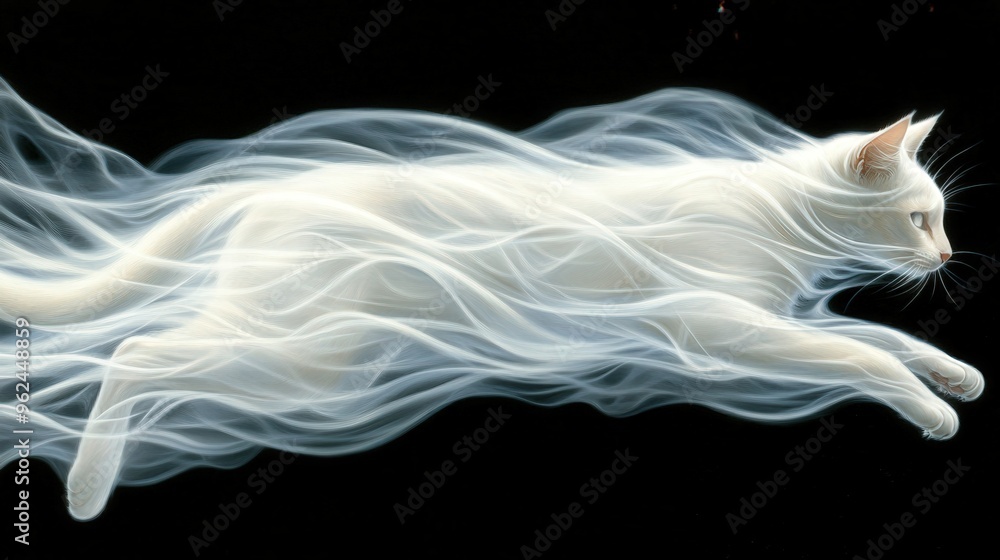Fototapeta premium white cat, as a ghost, haunting jumping, black background