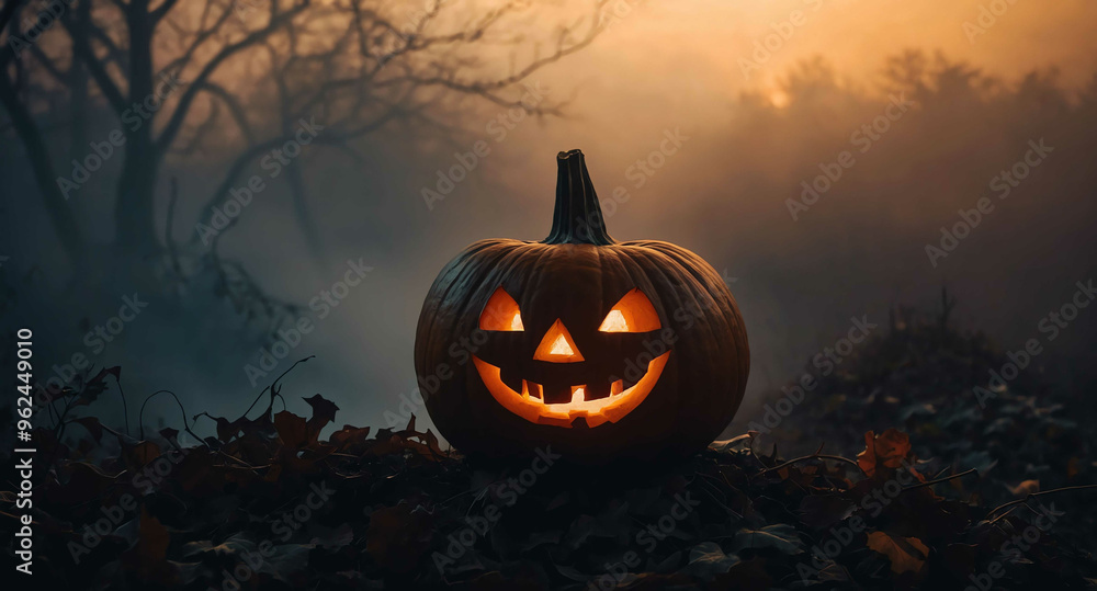 Fototapeta premium Glowing pumpkin silhouette fog abstract background