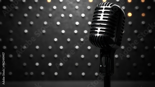 Vintage microphone on a black background with bokeh lights.