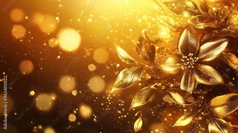Luxury golden floral background with glittering particles and copy space. Magic gold luxurious fairytale theme Luxury golden floral background with glittering particles and copy space. Magic gold luxurious fairytale theme