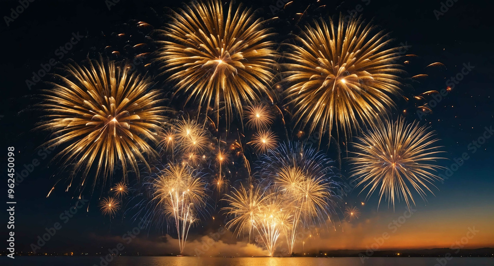 Naklejka premium Golden fireworks bursting sky abstract background