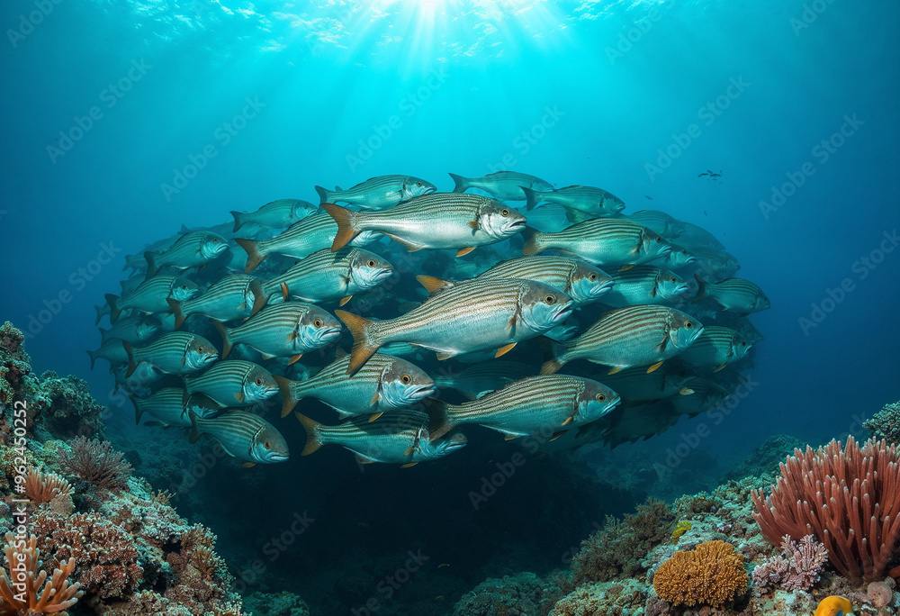 Fototapeta premium A school of fish swims in a symmetrical pattern among colorful coral reefs and marine life, with soft sunlight highlighting their movement.