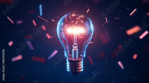 A glowing lightbulb with rays of illumination, surrounded by abstract symbols of creativity and innovation, set against a dark, dynamic background with bright color accents and clean lines photo