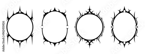 Set of gothic frames for design or tattoo. Halloween frames fantasy border. Creepy oval ornament. Retro collection. Vector illustration