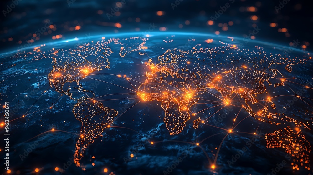 A global network comes alive with glowing lines and vibrant cities on Earth, depicting the interconnectedness of our modern world. A global network comes alive with glowing lines and vibrant cities on Earth, depicting the interconnectedness of our modern world.